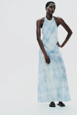 New Zara Maxi Halter Dress - Tie Dye Blue - Size Extra Small